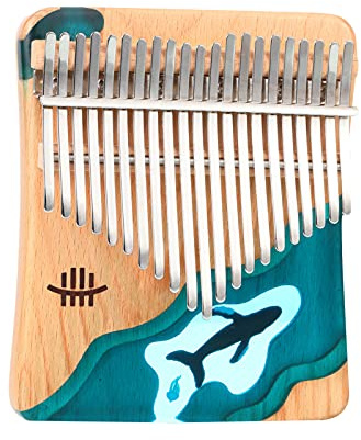 Hluru 21 Nycklar Beech Wood Thumb Finger Piano med Tuning Hammer Blue Ocean Whale Musical Instrument för Nybörjare Barn Vuxna