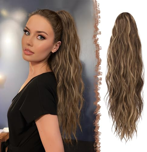 FESHFEN Cola Postiza Pelo Natural - Ondulada Larga Coleta Postiza con Pinza Ponytail Clip de Extensiones de Cabello Sintética Postizos para Mujeres, 63 cm Rubio Miel Mixto Castaño Claro