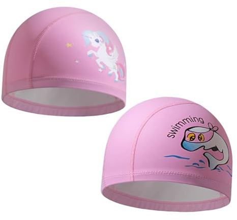 Kids Swimming Cap, 2 PCS Girls Swimming Cap Swimming Hat Kids For 4-10 Years Old With Long Hair Waterproof Swim Hat Cap Stretchable Pu Material For Pool And Water Activities