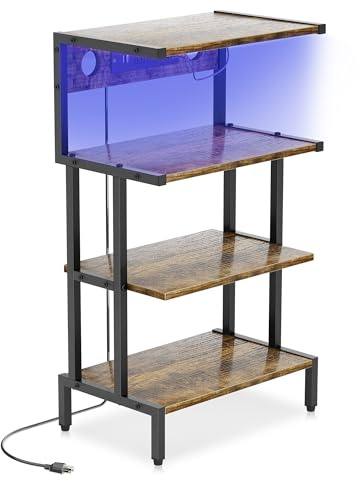 Aquzee Video Game Console Shelf, Stereo Racks - Media Stand with Outlet & Led Strip Light, 4-Tier Gaming Shelf for PS4 PS5 Xbox Games Organizer, Small Entertainment Center, AV Media Stand for CD DVD