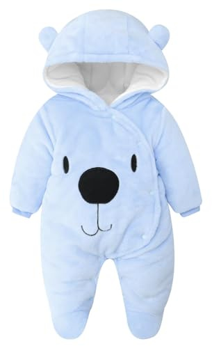 JiAmy Baby vinter fleece overall med huva flickor pojkar snödräkter varm sparkdräkt kläder 0–3 månader blåbjörn