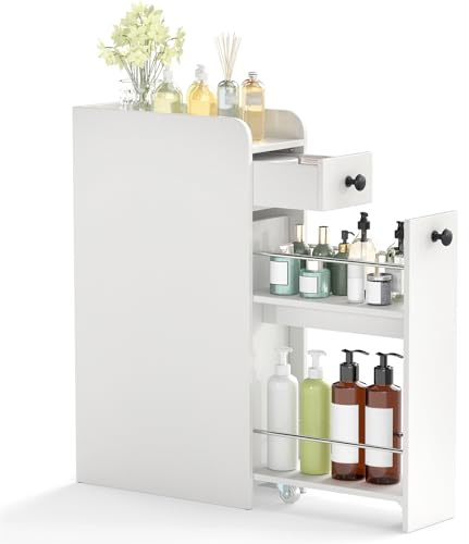 COSTWAY Slim Bathroom Floor Cabinet, Narrow Bathroom Storage Unit with Drawer and Slide Out Shelf on Wheels, Wooden Freestanding Compact Cupboard Toilet Paper Organiser for Small Spaces (White)