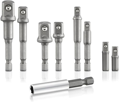 NEIKO 00257 Socket Adapter Extension Drill-Bit Set, Includes 1/4-, 3/8-, and 1/2-Inch Drives, Made with CrV Steel, 9-Piece Extension Set, Includes a Magnetic Bit Holder