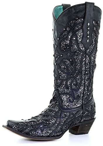 CORRAL - Stivali da donna in stile occidentale, dorati, con inserti glitterati e borchie, nero, 39 EU