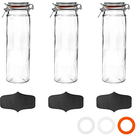 3X 2000ml (2 Litre) Clear Glass Spaghetti Jars with Chalkboard Stickers Orange Airtight Silicone Seal and Metal Clip Lids - 70.3oz Empty Tall Pasta Kitchen Containers - by Argon Tableware