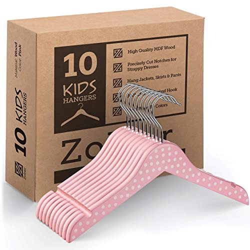 ZOBER High-Grade Wooden Childrens Hangers (10 Pack) Cute and Charming, Durable Baby Hangers / Nursery Coat Hangers - 32cm Wide - 360° Swivel Hook & Dress Notches - Toddler/Kids Hangers For