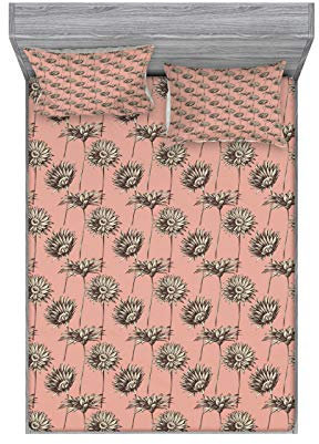 ABAKUHAUS Blumen Buntes Spannbetttuch- und Kissen-Set, Drastische rosa Gerbera-Blume, Dekoratives und Bedrucktes 3-teiliges Bettwäscheset, 135 cm x 190 cm, Dunkelbraun Blush