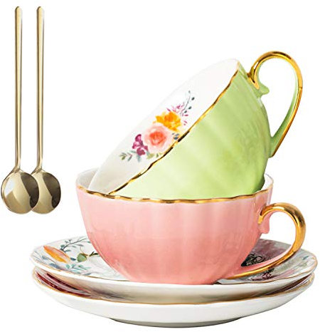 A-SZCXTOP Porcelain Tea Cups Set of 2,Ceramic Coffee Cup (225 ml) with Saucers Spoon Gift Box,European Couple Bone China Tea Set (Pink+Light Green)