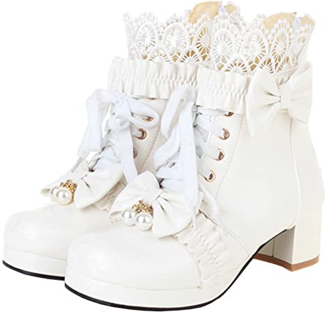 Women Platform Boots Lace Up Chunky Heel Ankle Boots with Bow,White,10