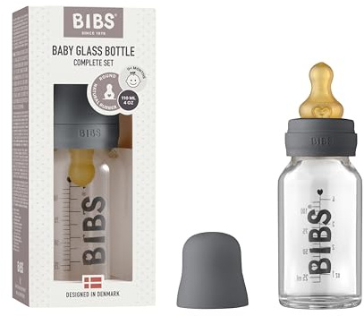 BIBS Baby Glass Bottle. Anti-Colic. Round Natural Rubber Latex Teat. Supports Natural Breastfeeding, 110 ml, Iron