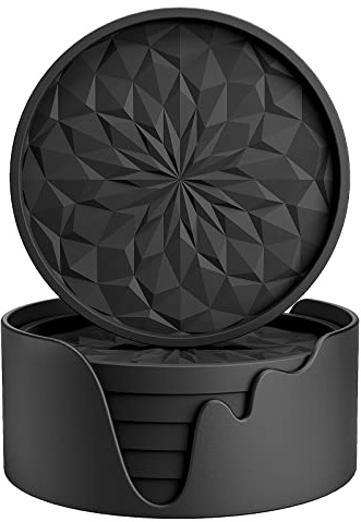 ME.FAN Silicone Coasters with Holder,[6 Pack] Drinking Coasters - Cup Mat for Hot or Cold Drinks, Thickened, Non-Slip, Non-Stick,Deep Tray Black