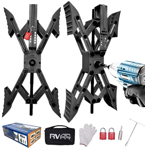 Camper X-Shaped Wheel Chock Stabilizer, 2 Sets RV Stabilizer Wheel Chock Scissor, X Chocks Wheel Stabilizer for Travel Trailer Allow Drill Adjust with Hex Socket, Tool Kit and Password Locks-Black