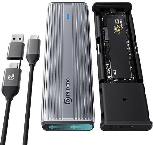 PHIXERO NVMe SATA Gehäuse, M.2 NVME Gehäuse Werkzeugfrei Aluminium SSD Gehäuse,10Gbps NVMe PCIe und 6Gbps AHCI SATA, Unterstützt M-Key/B+M Key, mit UASP Trim für 2230/2242/2260/2280 SSD