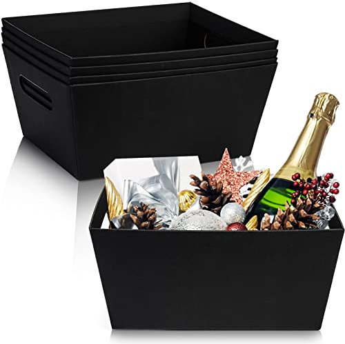 DEAYOU 5 Pack Kraft Basket With Handle, 31×25 cm Gift Basket Empty, 6 LB Cardboard Gift Basket Market Tray, Large Black Paper Baskets Holder Container for Wine Gift, DIY, Food, Snacks, Crafts, Easter