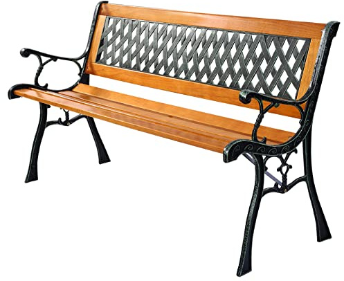 KOMFOTTEU Panchina da Giardino, Panchina da Esterno a 3 Posti in Lengo di Pino, Struttura di Metallo, Panca da Esterno per Balcone, Portico, Veranda, Colore di Legno e Nero