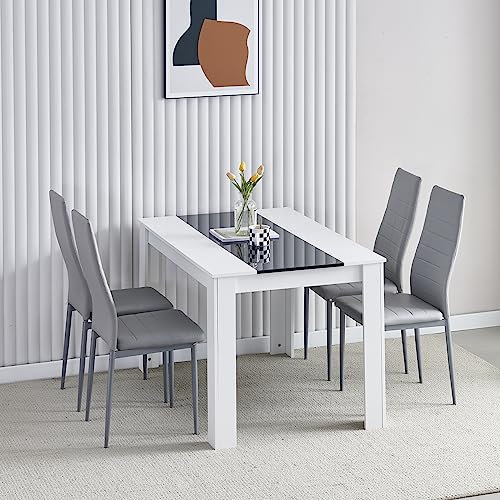 Menaka Modern Small Wood Dining Room Table and Chairs Set of 4 for Small Space, 5pcs 120cm Kitchen Table with 4 Seats Chairs Set for Restaurant Dinette (4 grey leather line chairs, 120cm line table)