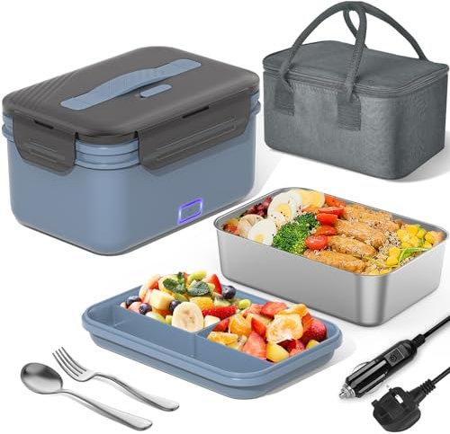 Herrfilk 100W Electric Lunch Box Adults, 1.8L Thermal Lunch Box with Compartments, Heated Lunchbox with 230V Home/Office & 12V 24V Car/Truck Cables, Insulated Lunch Bag, Spoon and Fork, Dark Blue