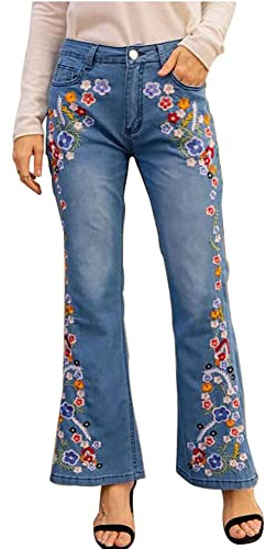 DINGJIUYAN Womens Flared Floral Embroidered Jeans Mid Waist Stretchy Flared Jean Casual Trousers Girls Teens Blue S