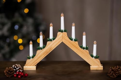 Marco Paul Natural Wooden Battery Operated Candle Bridge - 7 LED lights Christmas Candle Arch with Warm White Lights & Timer - Rustic Christmas Decorations, Xmas Window Lights, Table Centrepiece