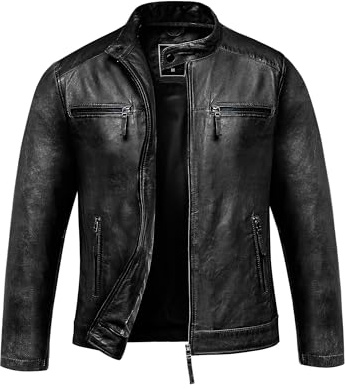 Amaci&Sons Herren Echtleder Jacke Biker Zipper Lederjacke 9108 Schwarz 3XL
