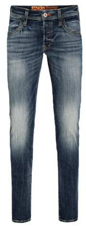 JACK & JONES Jeans Glenn Slim Fit, Vita Bassa e Patta con Bottoni, Lavaggio con Effetto scolorito sulle Gambe. Blu Blu Denim 32W / 32L