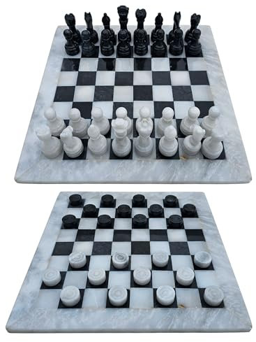 Combo Set Chess Game Lady's Board Game 12 Inches / 30 cm Including 32 Chess Pieces 24 Dames Stones Colour Black and White/Grey Marble