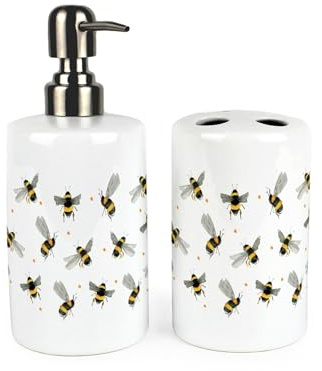 Scattered Bees Bathroom Accessories Set - Bumblebees & Polka Dots Refillable Ceramic Soap Pump Bottle Dispenser & Toothbrush Holder - Washrooom Home Gift Set of 2