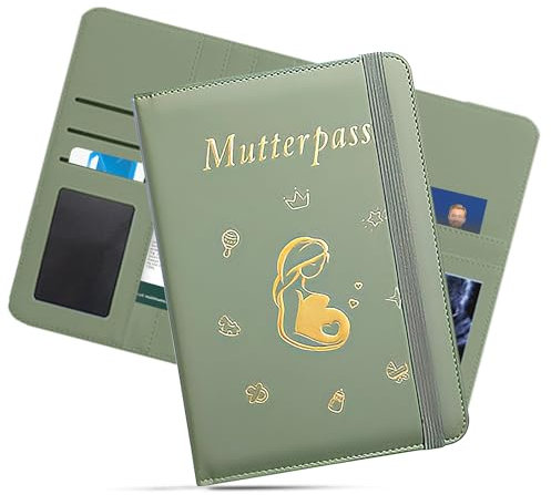 Mutterpass Schutzhülle, Mutterpasshülle aus Kunstleder, Deutscher Mutterpass, Mutterkindpasshülle mit 9 Fächern zur Aufbewahrung von Versicherungskarten, Ultraschallbildern, Mütter Impfpass, Grün
