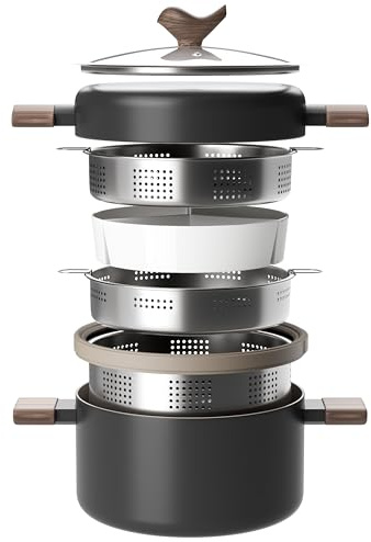 VONIKI Ceramic Cookware Set, Nonstick Stock Pots With Stainless Steel Steamer for Cooking Pot Set, Soup Pot With Lid, Multipots with Steamer Basket for Pot, Pasta Strainer Insert, Pots and Pans Black