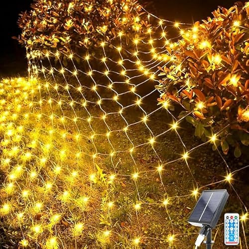 Luces solares de red – 1,5 x 1,5 metros, luces de hadas de malla, 96 LED para exteriores, impermeables, con 8 modos de iluminación, control remoto, árbol de Navidad, césped, valla, arbustos, pared