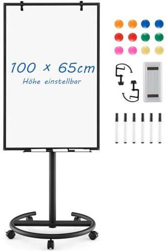 FANTASK Lavagna bianca mobile, 100 x 65 cm, flip chart su rotelle, lavabile a secco, regolabile in altezza fino a 192 cm, magnetica, supporto per lavagna a fogli mobili con pennarelli, magneti