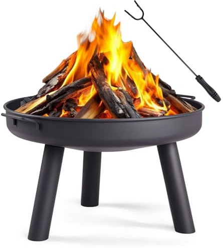 LEADZM Feuerschale Ø60 cm Eisenkonstruktion | Mit 2 stabilen Griffen + Feuerhaken, Feuerkorb für Holz & Kohle, Feuertonne als Feuerstelle für Garten Terrasse Outdoor Lagerfeuer Schwarz