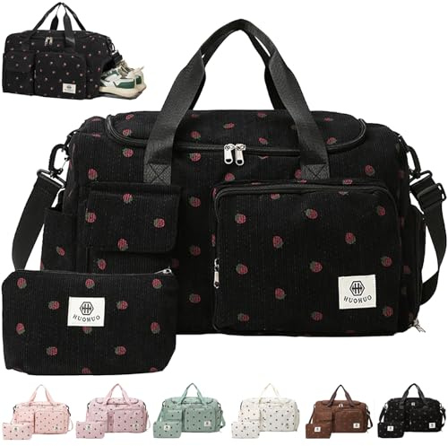 AUNGKWANG Borsone da Viaggio da Donna, Fragola Borsa Sportiva Donna in Velluto a Coste, Borsa Sportiva con Scomparto per Scarpe, Scomparto Umido and Portafoglio Piccolo, per Notte Weekender