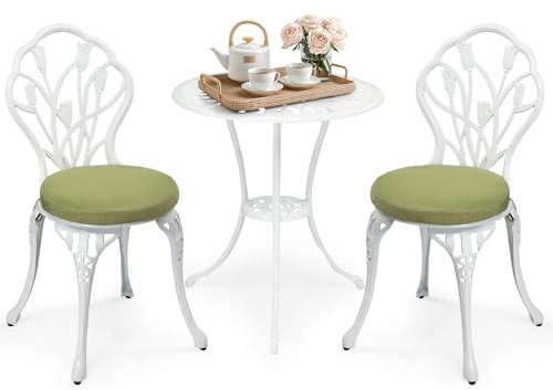 Bonnlo Juego Muebles de Jardín, 3 Piezas de Aluminio Fundido, Mesa Redonda con 2 Sillas Exterior, Conjunto de Terraza con Agujero para Sombrilla, Ideal para Bistro Terrasa Balcón y Patio (Blanco)