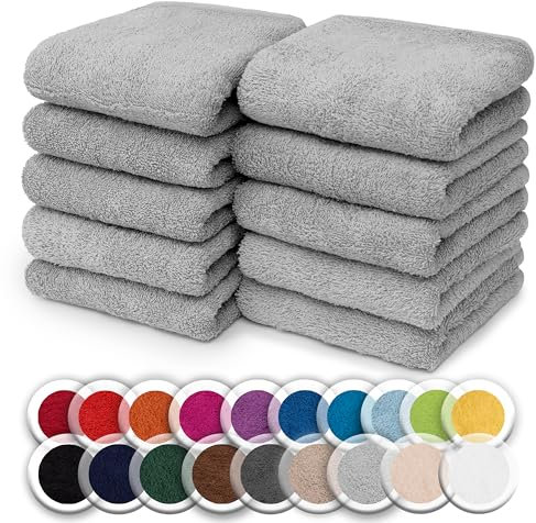 NatureMark 10er-Set Frottee-Waschlappen für Gesicht und Hände – 100% Baumwolle, weich und saugfähig – 30×30 cm, Silber grau