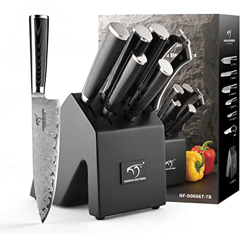 Damas Set Couteau Cuisine de Chef, Bloc de Couteaux Professionnels, Lot de Couteaux en Acier, Couteaux de Cuisine avec Bloc en Bois, 9 Pièces