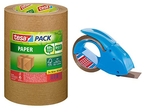 tesapack® Paper ecoLogo im 3er Pack - Umweltgerechtes Paketband aus Papier & Abroller Pack' n' Go - Ergonomischer, blauer Handabroller für Paketbänder - Inklusive 50 m x 48 mm Klebeband