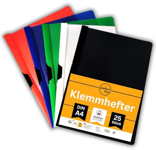 perfect line - 25 Klemmhefter (PP) DIN-A4-5 Farben, Schnellhefter aus recycelbarem Kunststoff - Bewerbungsmappen Made in Germany