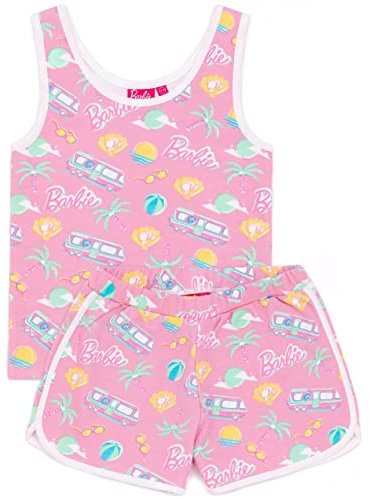 Barbie Girls 2 Piece Co-Ord | Kids Pink All Over Print Vest And Shorts Set | Palm Trees Sunglasses Summer Holiday Beach Ball Daywear | Fashion Doll Graphic Clothing Merchandise Gift for Children