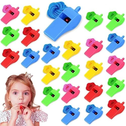FANNITE 24 Piezas Silbatos De Plástico, Silbato con Cordón, Silbatos De Colores, Apto para Actividades Al Aire Libre, Árbitro, Entrenador, Socorrista, Fútbol, ​​Baloncesto