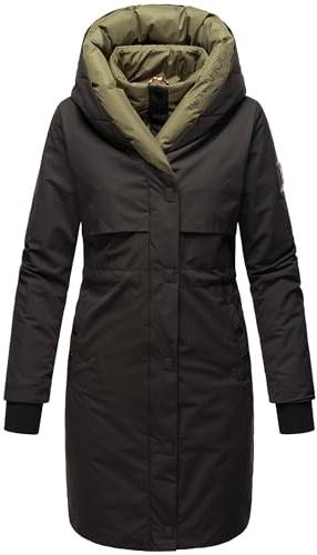 Navahoo Abrigo largo y cálido de invierno para mujer, chaqueta acolchada con capucha y elementos magnéticos Snowelf XS-XXL, Negro , S