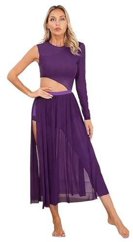 YOOJIA Damen Tanzkleid Eiskunstlauf Kleid Ballettanzug Lang Ballettkleid EIN Schulter Latein Rumba Tango Kleid Ballsaal Dancewear Violett S