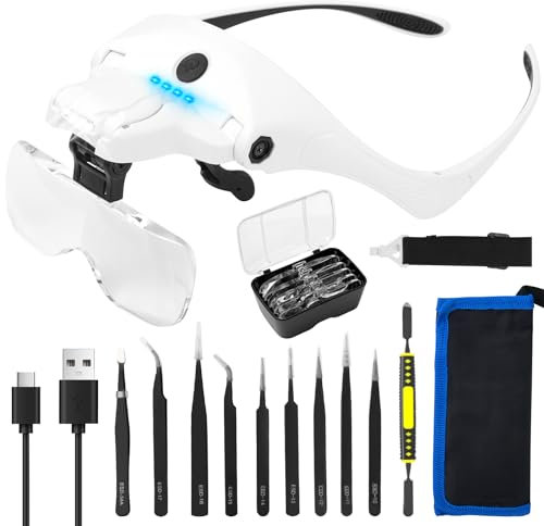 Cuteefun Lupe mit Licht, Wiederaufladbare Lupenbrille mit 4 Led, 2 Helligkeitsstufen, 5 Linsen 1X Bis 3,5X, Veinstellbarer Linsenwinkel, 10 Pinzetten, Vergrößerungsbrille für Reparatur, Handwerk
