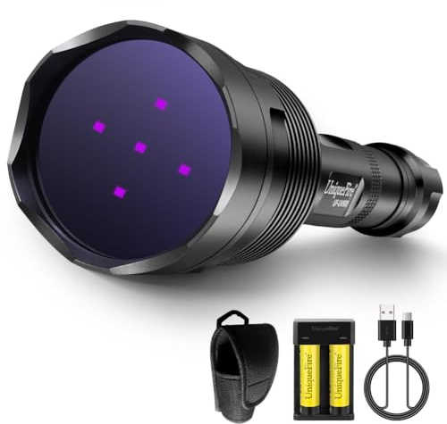 UniqueFire Black Light UV Flashlight with 5 LEDs Professional UV Light, 50W Powerful Blacklight Flashlight for Pet Urine Finding & Mineral, Antique Detection, Scorpion Search, etc (365nm)