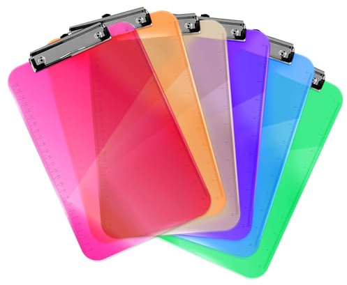 A4 Clipboard (Pack of 6) Colourful Acrylic Clipboards Holds 100 Sheets Low Profile Clip Heavy Duty Board