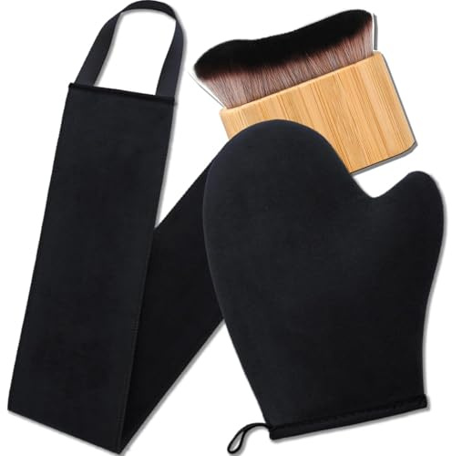 3 in 1 Black Tanning Mitt Applicator kit with Leakproof-lined Fake Tan Mit, Back Tanner Applicator and Tanning Brush for Body and Face, Reusable Lotion Applicator for Back Tanning Mitt and Brush