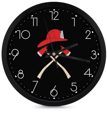 Fire Axe Firefighter Round Wall Clock Silent Non Ticking 10 Inch Clocks Easy to Read for Office Home Kitchen White-style