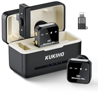 KUKIHO Microphone Cravate sans Fil pour iPhone avec Boîtier de Charge, 80h Autonomie, Réduction de Bruit, Portée 50m, Plug-and-Play pour iPhone/iPad/Android/PC -