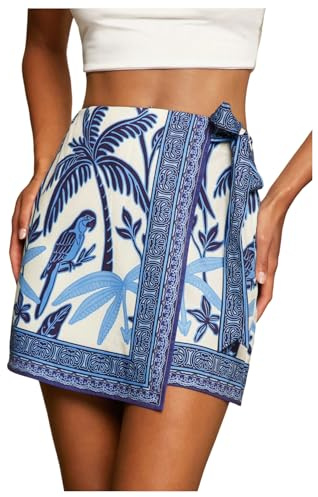 MakeMeChic Women's Summer Boho Wrap Mini Skirt Beach Vacation Short Skirts Blue and White Medium