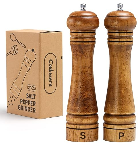 M JINGMEI Wooden Salt and Pepper Grinder Set, Premium Oak Wood Salt Grinders Shakers, Pepper Mill with S and P Engraving, Adjustable Ceramic Grinder – 10 inches, 2 Pack
